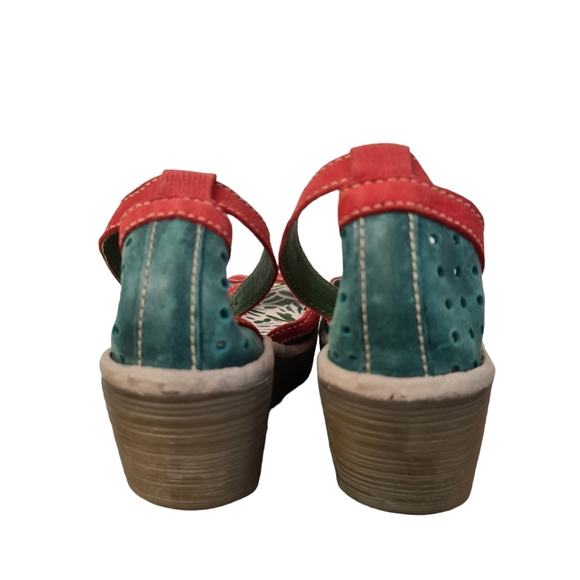 Fly London Ydel Sandals Petrol Red Perforated Leather Wedge Heel UK 4 Size 37 - Picture 4 of 14
